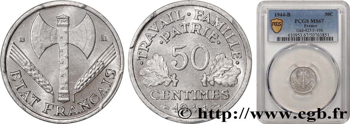 50 centimes Francisque, légère 1944 Beaumont-Le-Roger F.196/5 FDC67 PCGS