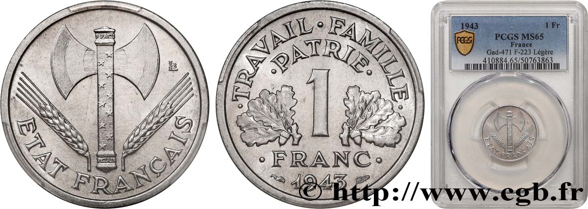 1 franc Francisque, légère 1943  F.223/3 MS65 PCGS