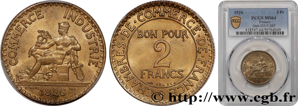 2 francs Chambres de Commerce 1926  F.267/8 MS64 PCGS