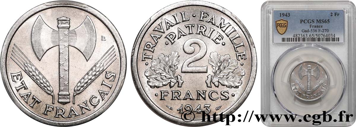 2 francs Francisque 1943  F.270/2 FDC65 PCGS