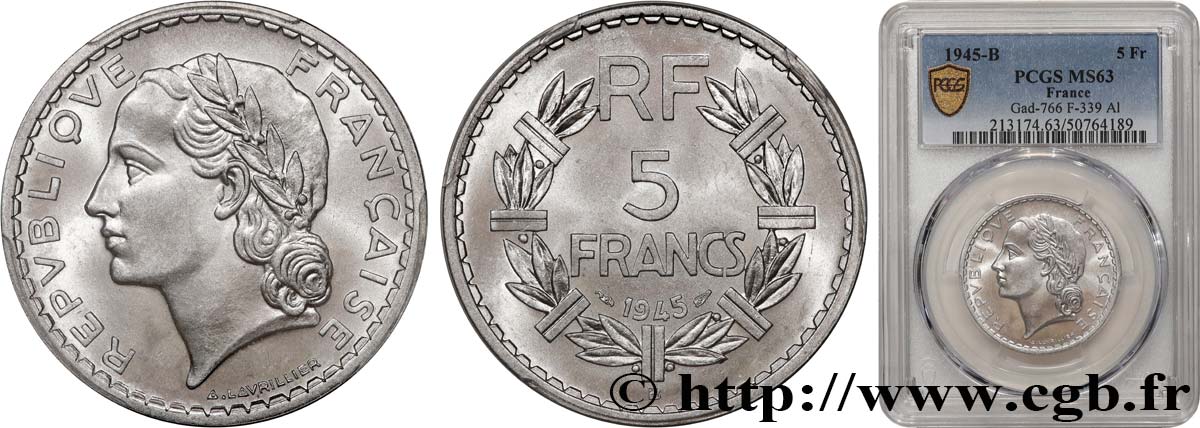 5 francs Lavrillier, aluminium 1945 Beaumont-Le-Roger F.339/4 SC63 PCGS