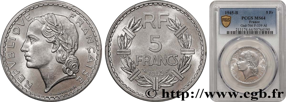 5 francs Lavrillier, aluminium 1945 Beaumont-Le-Roger F.339/4 fST64 PCGS