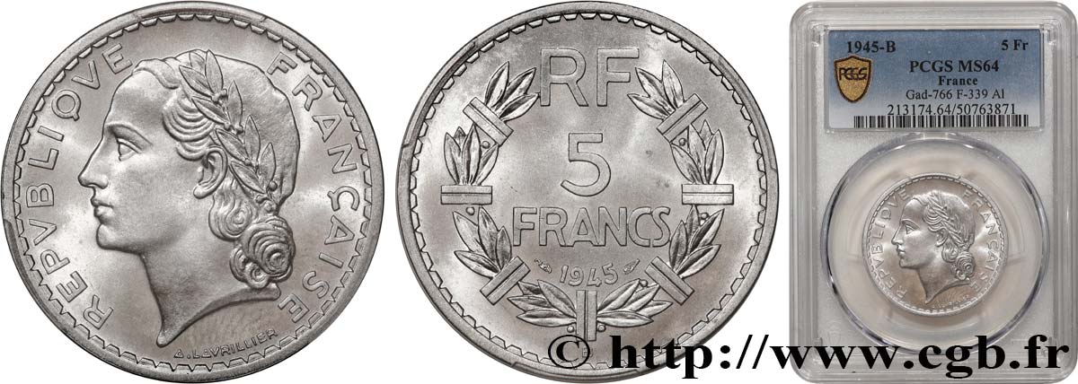 5 francs Lavrillier, aluminium 1945 Beaumont-Le-Roger F.339/4 MS64 PCGS