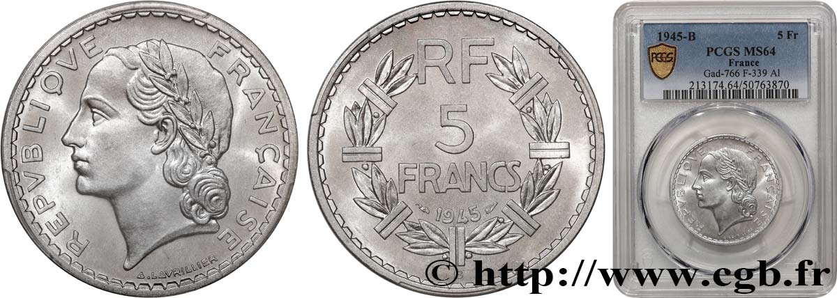 5 francs Lavrillier, aluminium 1945 Beaumont-Le-Roger F.339/4 SPL64 PCGS