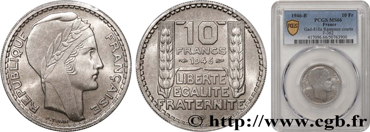 10 francs Turin, grosse tête, rameaux courts 1946 Beaumont-Le-Roger F.361A/3 FDC66 PCGS