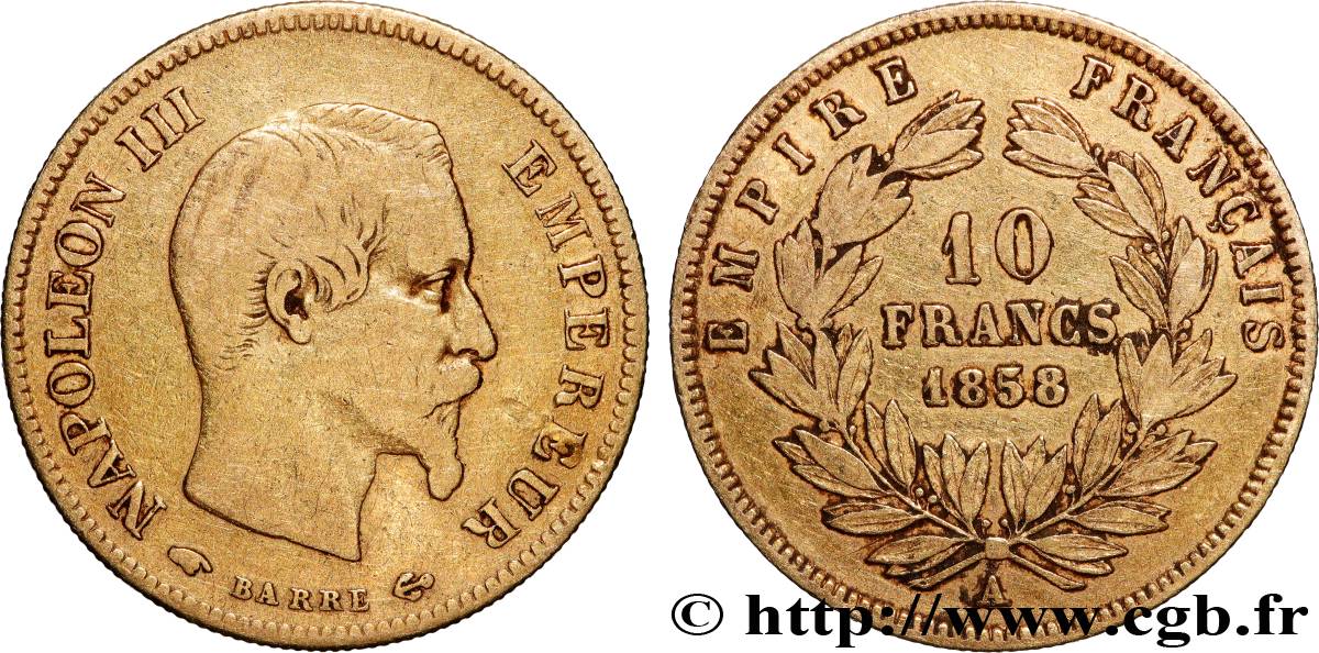 10 francs or Napoléon III, tête nue, grand module 1858 Paris F.506/5 TB 