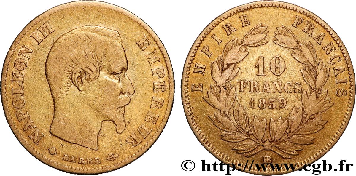 10 francs or Napoléon III, tête nue 1859 Strasbourg F.506/8 VF 