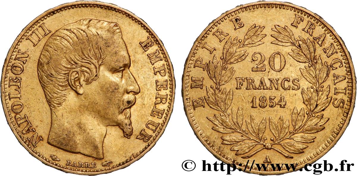 20 francs or Napoléon III, tête nue 1854 Paris F.531/2 XF 