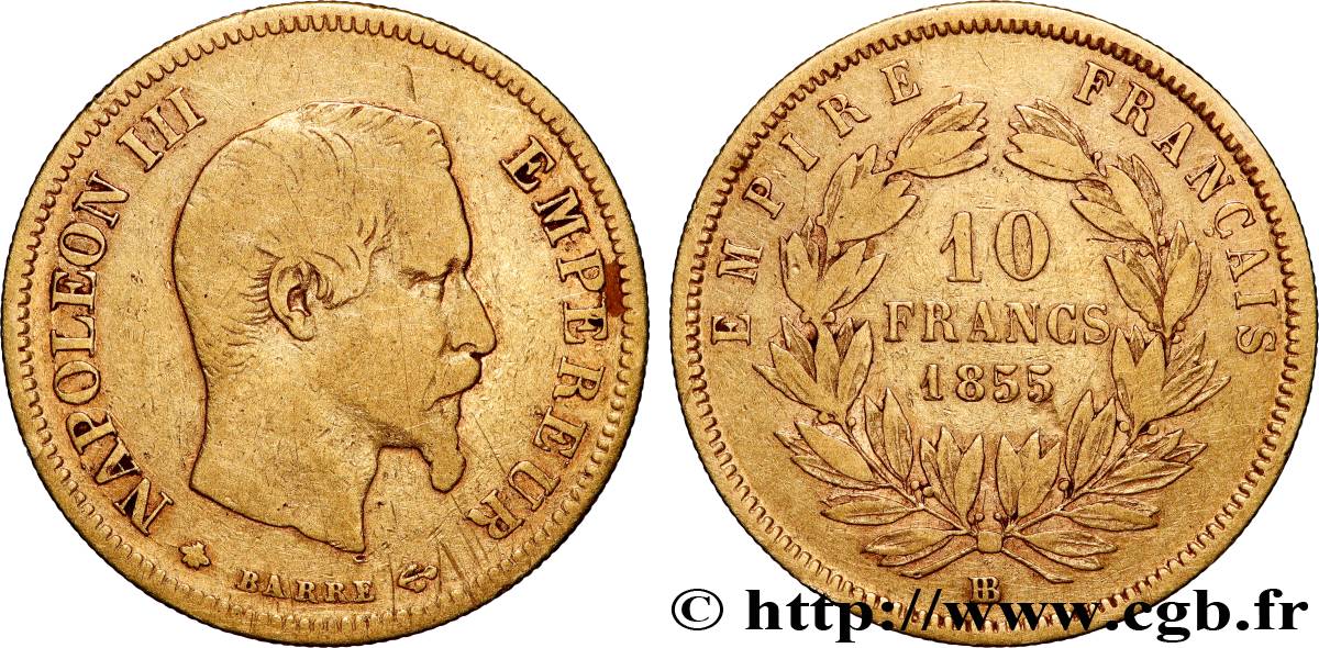 10 francs or Napoléon III, tête nue 1855 Strasbourg F.506/2 F 