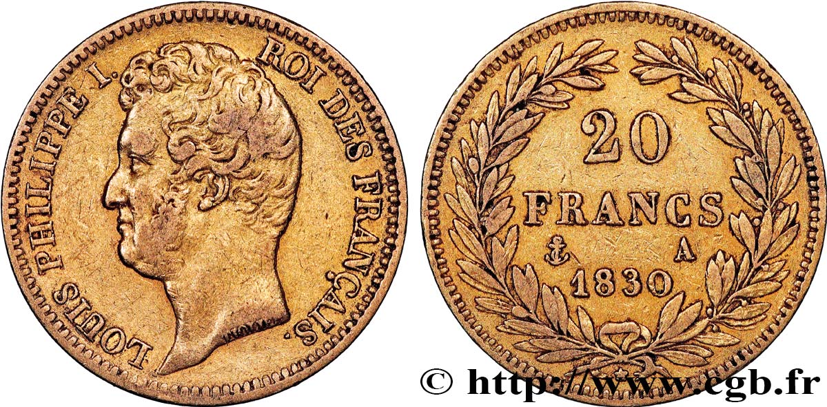 20 francs or Louis-Philippe, Tiolier, tranche inscrite en creux 1830 Paris F.524/1 XF 