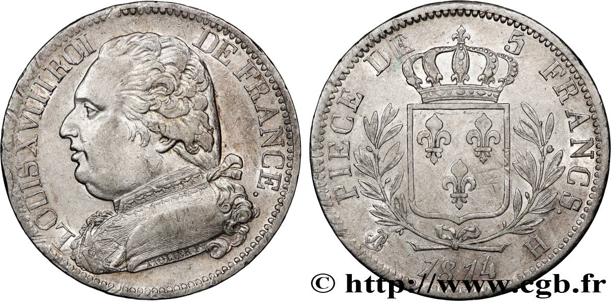 5 francs Louis XVIII, buste habillé 1814 La Rochelle F.308/5 XF 