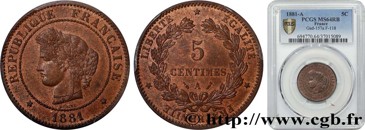 5 centimes Cérès 1881 Paris F.118/22 SPL64 PCGS