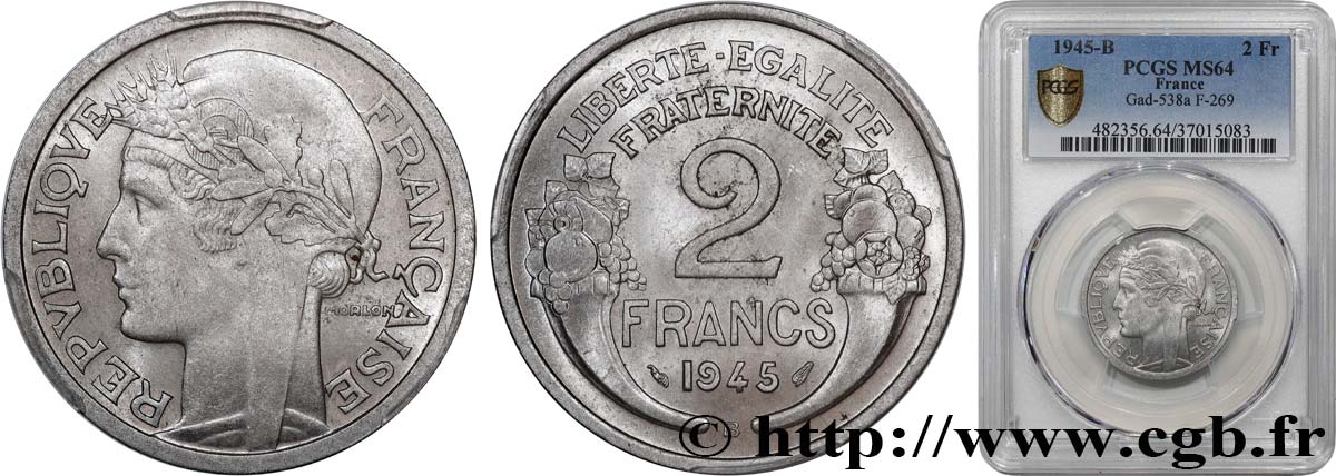 2 francs Morlon, aluminium 1945 Beaumont-Le-Roger F.269/6 SPL64 PCGS