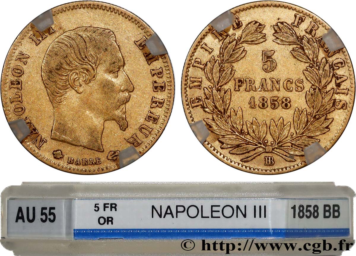 5 francs or Napoléon III, tête nue, grand module 1858 Strasbourg F.501/6 AU55 GENI