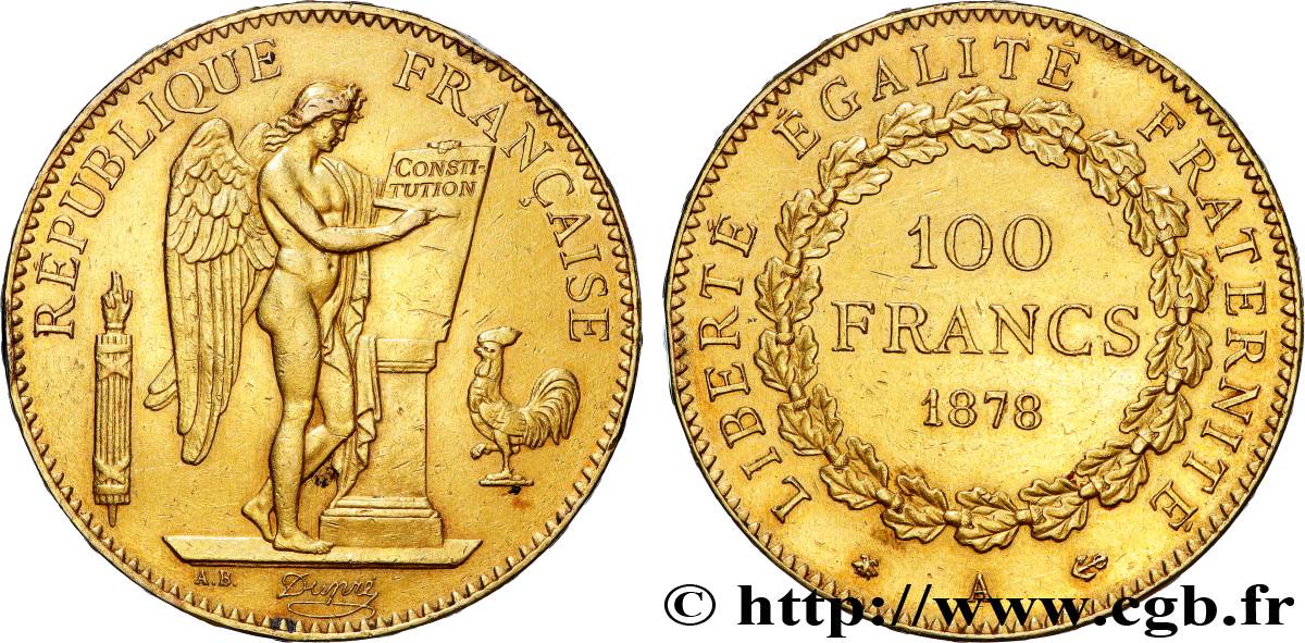 100 francs or Génie, tranche inscrite en relief Dieu protège la France 1878 Paris F.552/1 TTB+ 