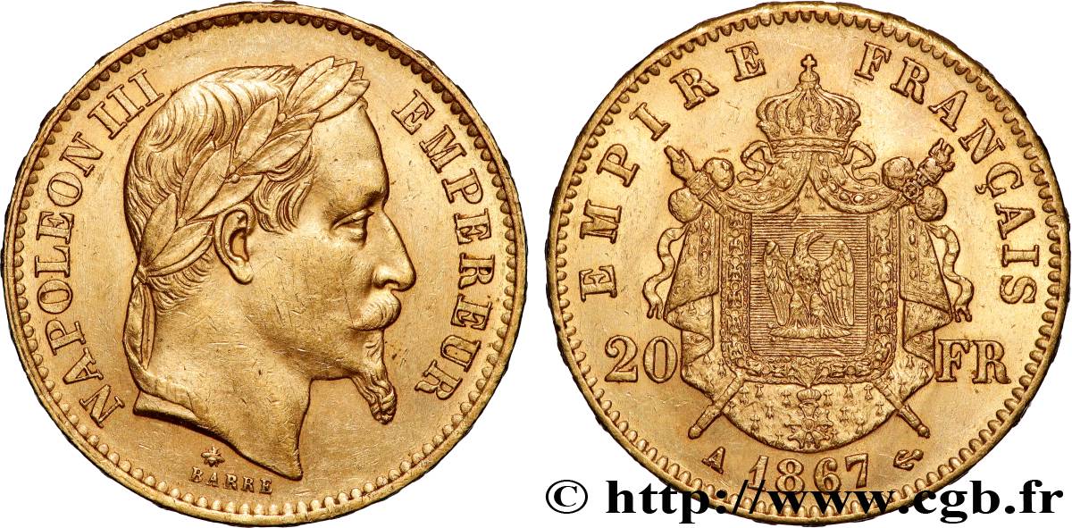 20 francs or Napoléon III, tête laurée 1867 Paris F.532/15 TTB+ 