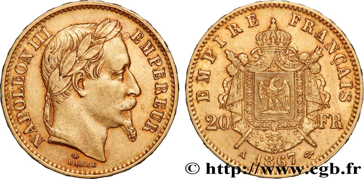 20 francs or Napoléon III, tête laurée 1867 Paris F.532/15 TTB 