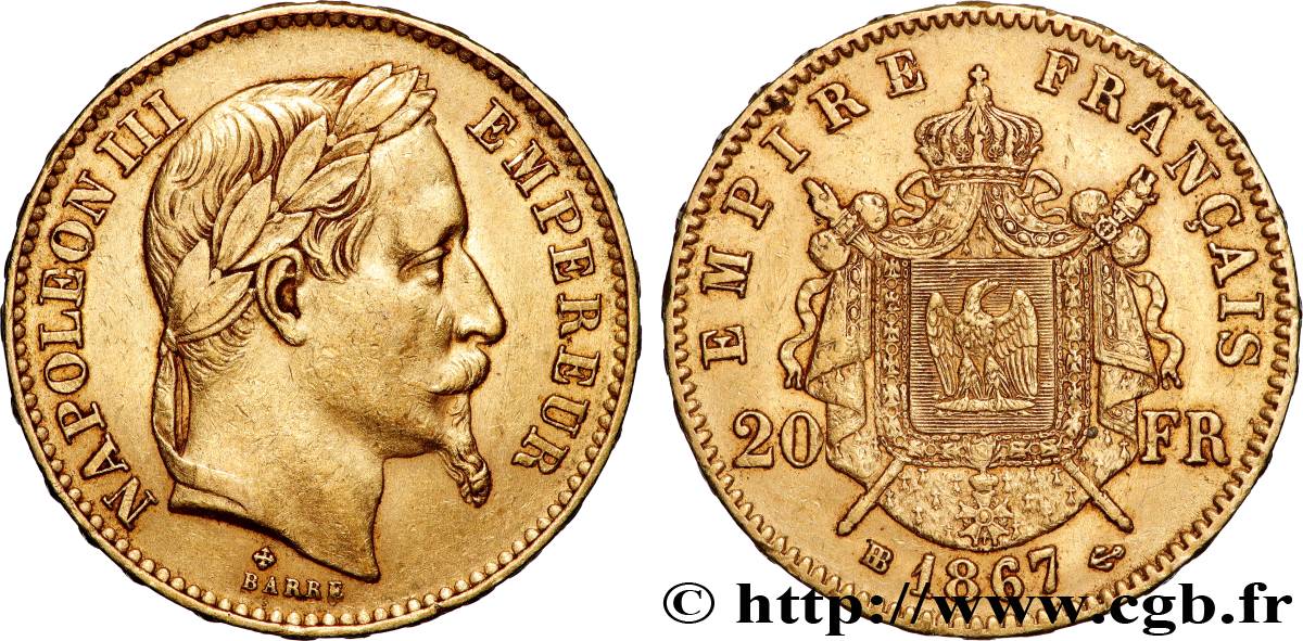 20 francs or Napoléon III, tête laurée 1867 Strasbourg F.532/16 TTB 