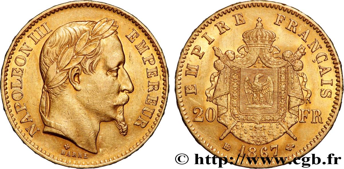 20 francs or Napoléon III, tête laurée 1867 Strasbourg F.532/16 TTB+ 