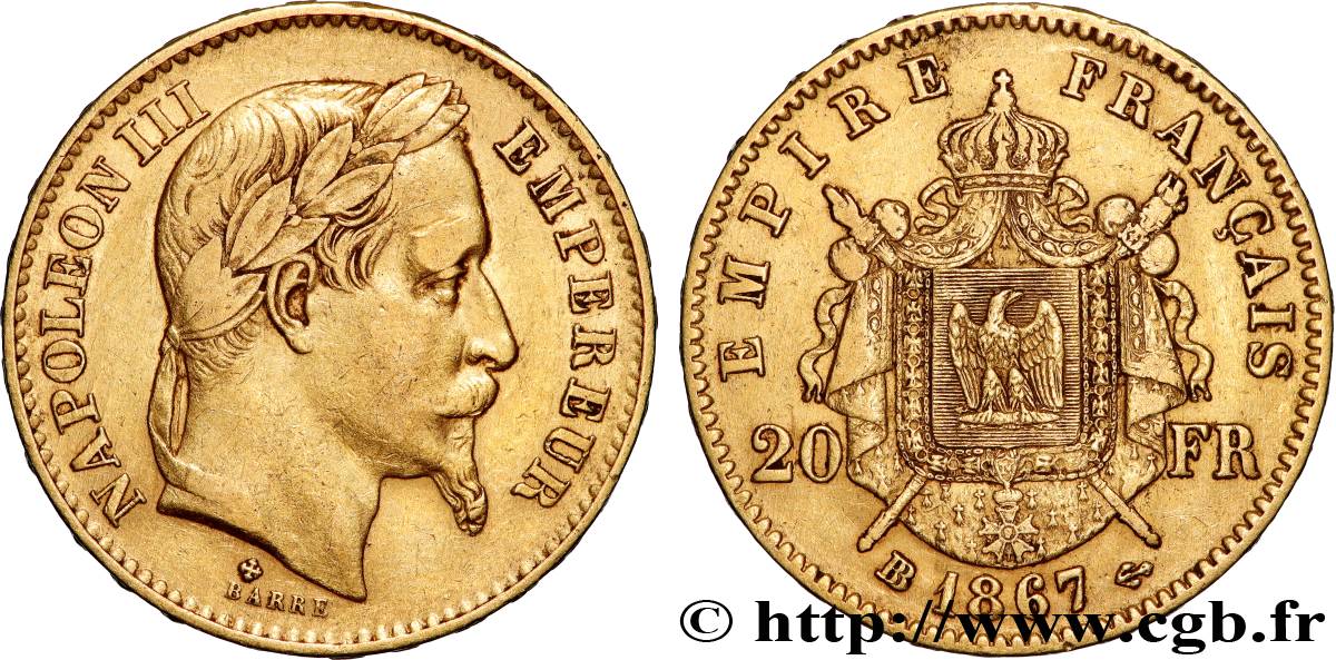 20 francs or Napoléon III, tête laurée 1867 Strasbourg F.532/17 TB+ 