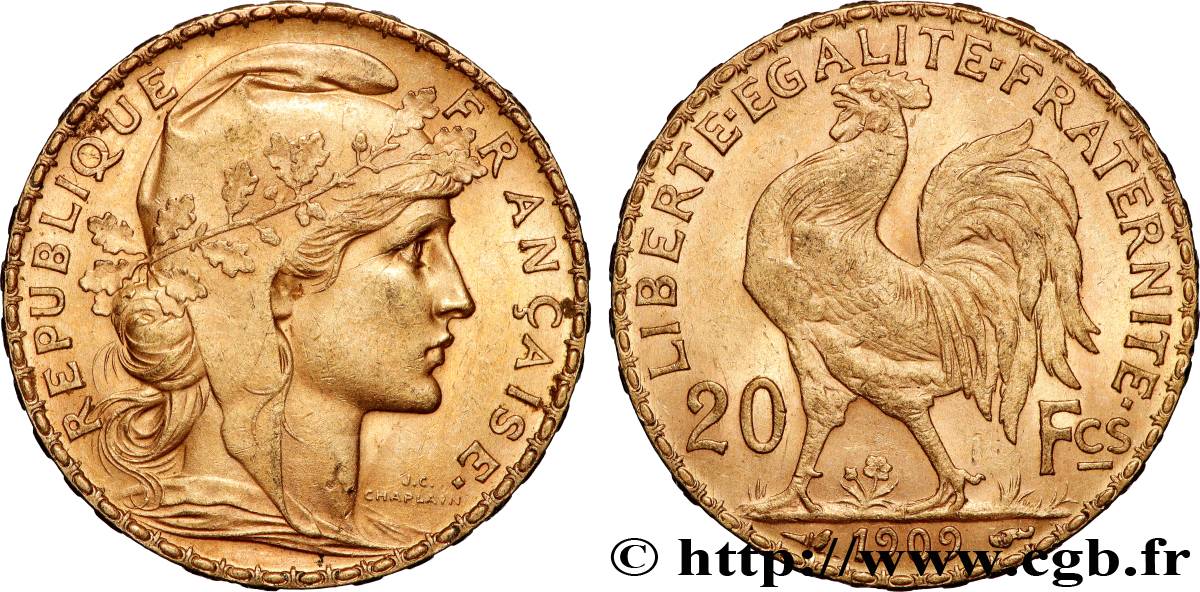 20 francs or Coq, Liberté Égalité Fraternité 1909 Paris F.535/3 SUP 