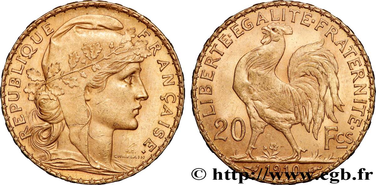 20 francs or Coq, Liberté Égalité Fraternité 1910 Paris F.535/4 SUP 