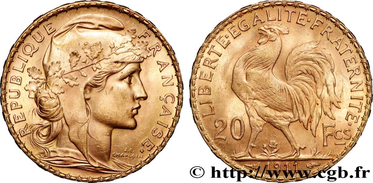20 francs or Coq, Liberté Égalité Fraternité 1911 Paris F.535/5 EBC+ 