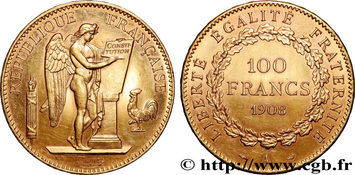 100 francs génie, tranche inscrite en relief liberté égalité fraternité 1908 Paris F.553/2 SUP 