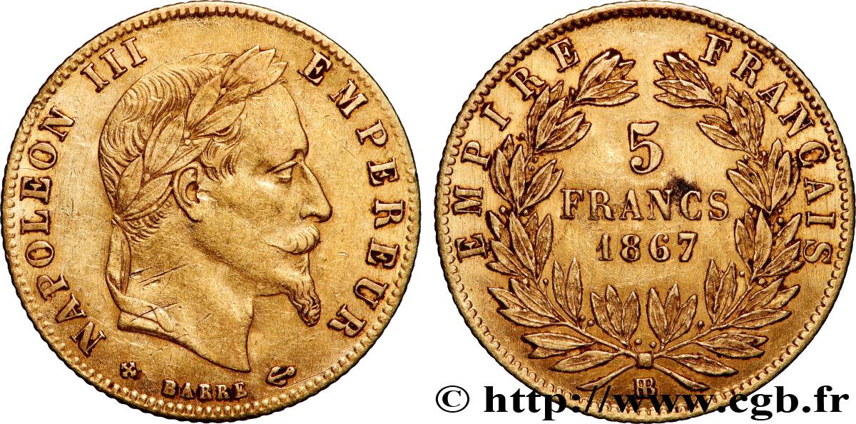 5 francs or Napoléon III, tête laurée 1867 Strasbourg F.502/12 TTB 