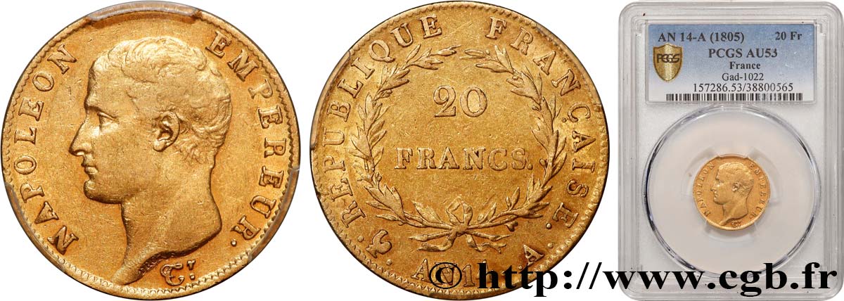 20 francs or Napoléon tête nue, Calendrier révolutionnaire 1805 Paris F.512/5 AU53 PCGS