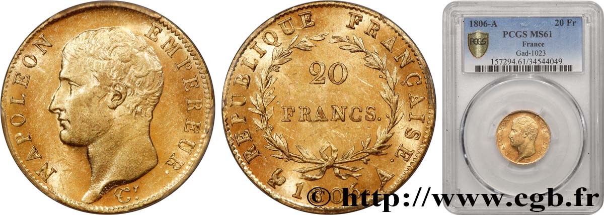 20 francs or Napoléon tête nue, Calendrier grégorien 1806 Paris F.513/1 MS61 PCGS