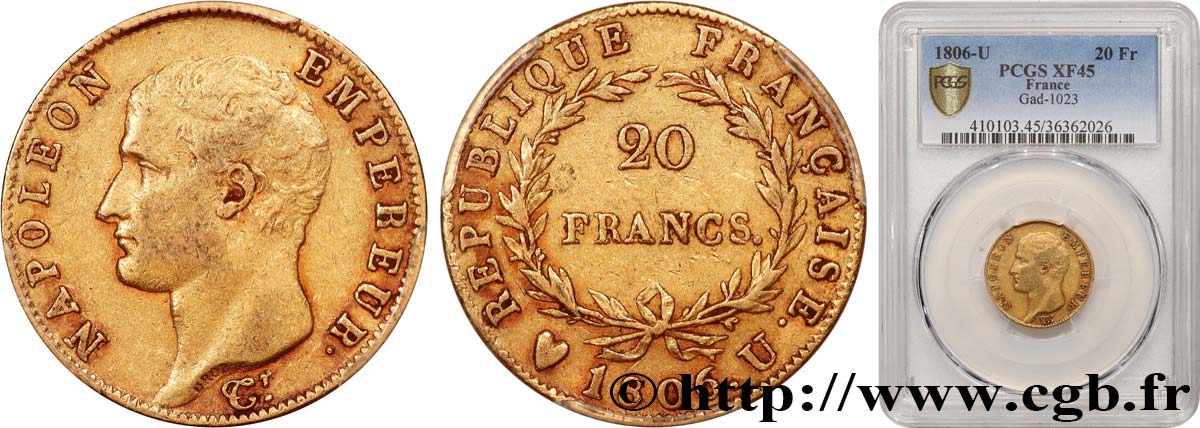 20 francs Napoléon tête nue, calendrier grégorien 1806 Turin F.513/4 TTB45 PCGS