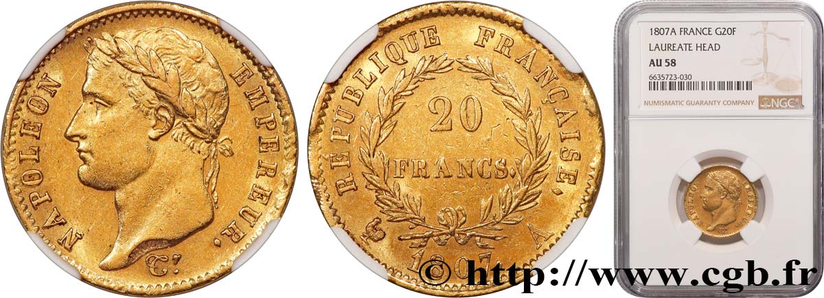 20 francs or Napoléon tête laurée, République française 1807 Paris F.515/1 SUP58 NGC