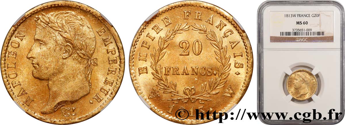 20 francs or Napoléon tête laurée, Empire français 1813 Lille F.516/38 MS60 NGC