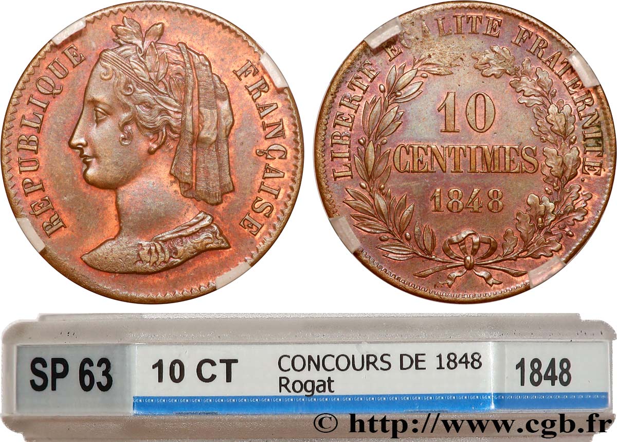 Concours de 10 centimes, essai en cuivre par Rogat, troisième concours, premier revers 1848 Paris VG.3188  SC63 GENI