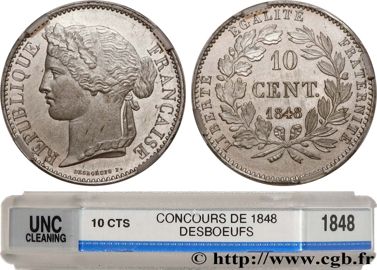 Concours de 10 centimes, essai en étain par Desboeufs 1848 Paris VG.3136 var. MS GENI