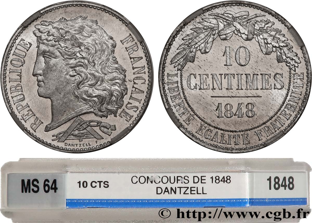 Concours de 10 centimes, essai en étain par Dantzell 1848 Paris VG.3135 var. MS64 GENI