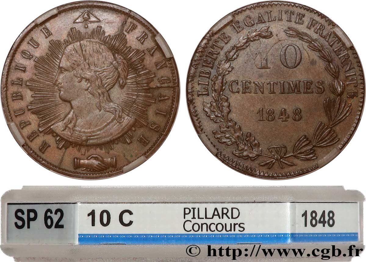 Concours de 10 centimes, essai en cuivre par Pillard, quatrième revers 1848 Paris VG.3185 var. SPL62 GENI