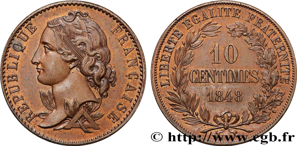 Concours de 10 centimes, essai en cuivre par Magniadas, premier revers 1848 Paris VG.3143  VZ 