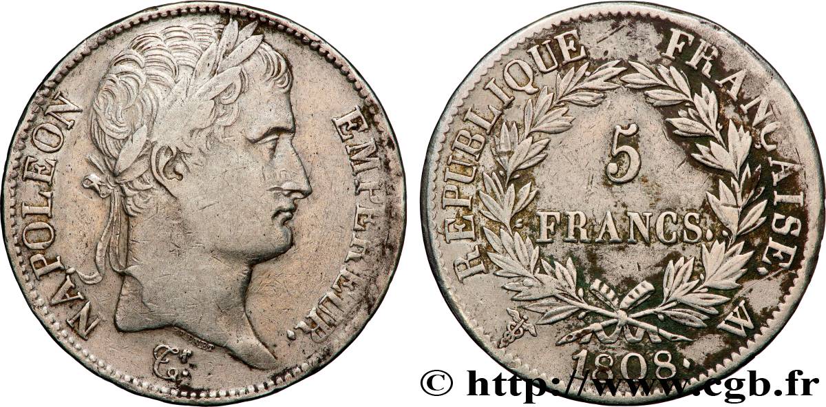 5 francs Napoléon Empereur, République française 1808 Lille F.306/15 VF 