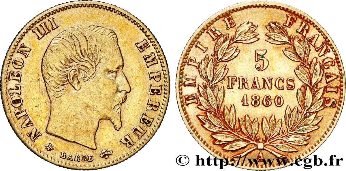 5 francs or Napoléon III, tête nue, grand module 1860 Paris F.501/11 TTB 