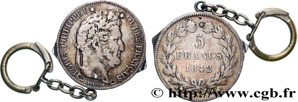 5 francs IIe type Domard transformé en porte-clé avec lime à ongle et couteau 1842 Rouen F.324/96