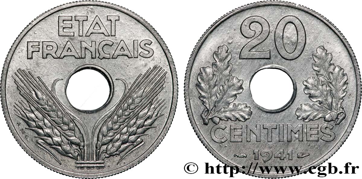 20 centimes État français, lourde 1941  F.153/2 MS64 