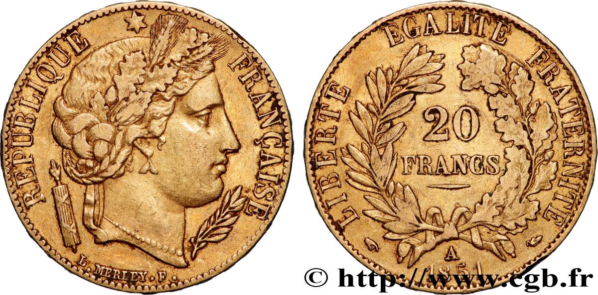 20 francs or Cérès 1851 Paris F.529/4 BC+ 