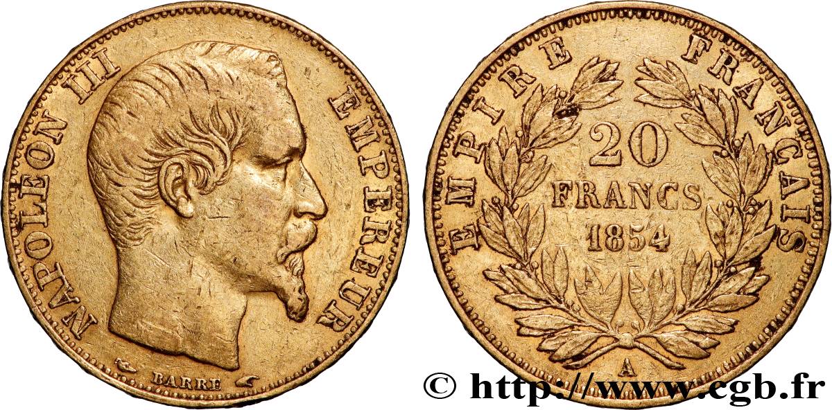 20 francs or Napoléon III, tête nue 1854 Paris F.531/2 q.BB 