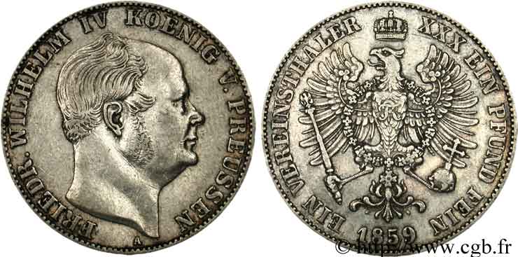 GERMANIA 1 Thaler Frédéric-Guillaume IV / aigle 1859 Berlin BB 