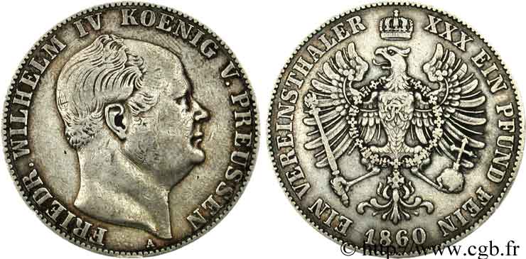 GERMANIA 1 Thaler Frédéric-Guillaume IV / aigle 1860 Berlin MB 
