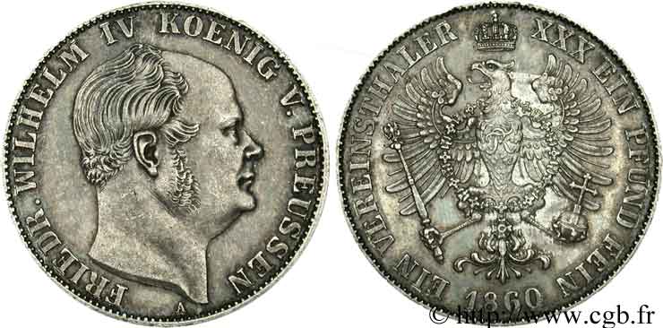 GERMANY 1 Thaler Frédéric-Guillaume IV / aigle 1860 Berlin XF 