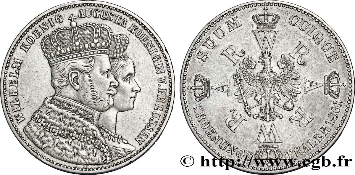 ALEMANIA - PRUSIA 1 Thaler couronnement de Guillaume Ier et Augusta, roi et reine de Prusse 1861 Berlin MBC 