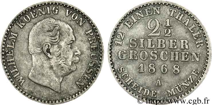 GERMANY 2 1/2 Silbergroschen (1/12 Thaler) Guillaume 1868 Berlin VF 